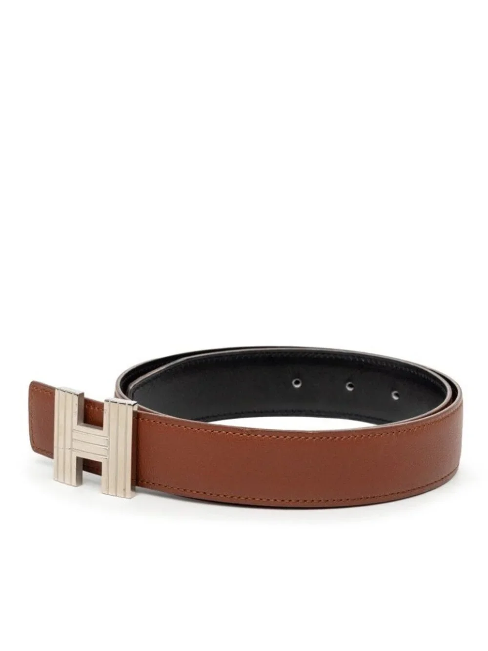 Hermes Reversible Buckle Belt 72 Brown Black Silver Leather Metal